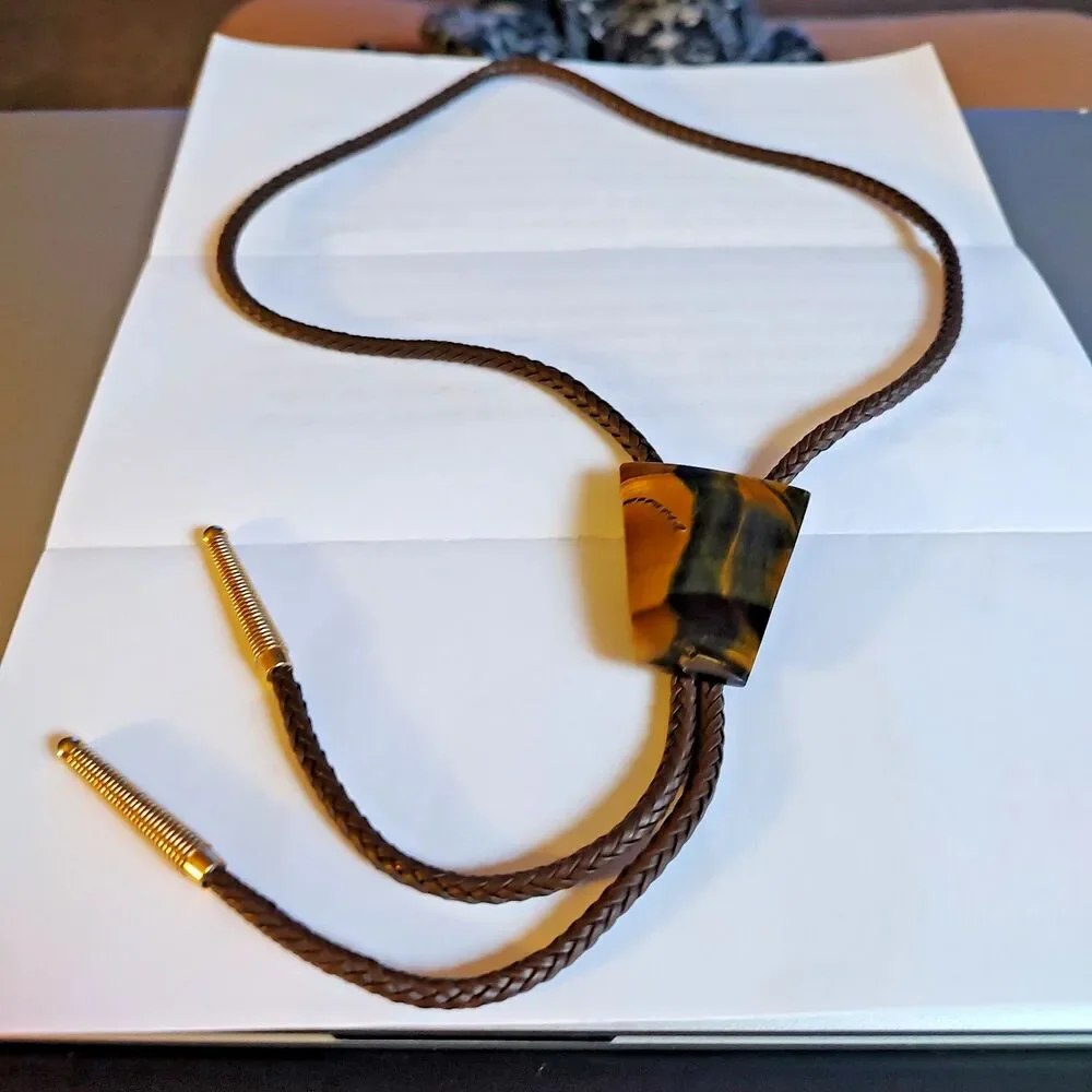 VTG Bennett Western Bolo Tie Brown Braided Leather TigerTiger Eye Gemstone Slide